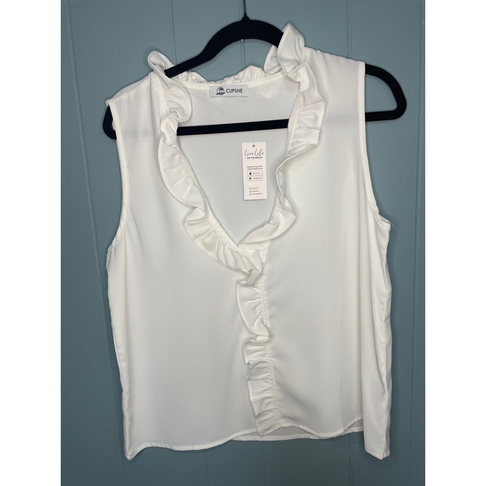 Cupshe Ruffle V-Neck Tank Top Womens Medium White NWT Sleeveless Blouse CAA04A5C